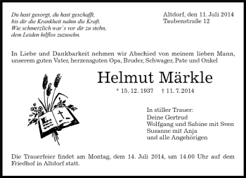 Traueranzeige von Helmut Märkle von Kreiszeitung Böblinger Bote