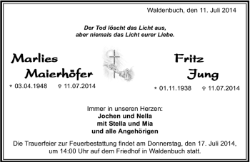 Traueranzeige von Marlies Maierhöfer von Kreiszeitung Böblinger Bote