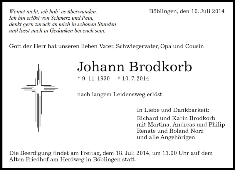  Traueranzeige für Johann Brodkorb vom 11.07.2014 aus Kreiszeitung Böblinger Bote