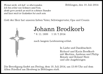Traueranzeige von Johann Brodkorb von Kreiszeitung Böblinger Bote