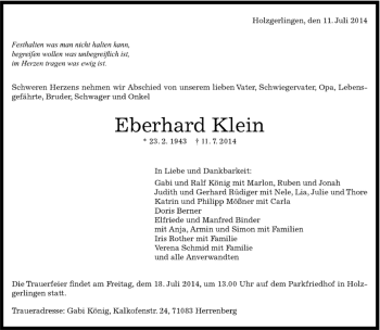 Traueranzeige von Eberhard Klein von Kreiszeitung Böblinger Bote