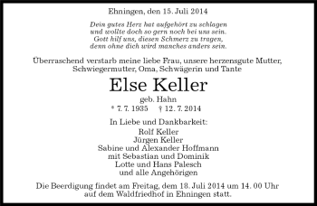 Traueranzeige von Else Keller von Kreiszeitung Böblinger Bote