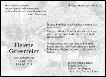 Traueranzeige von Helene Griesmeier von Kreiszeitung Böblinger Bote
