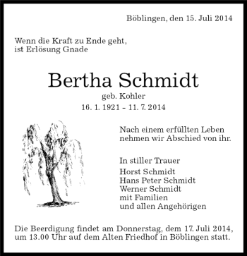 Traueranzeige von Bertha Schmidt von Kreiszeitung Böblinger Bote