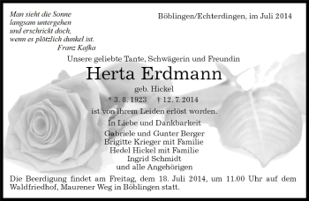 Traueranzeige von Herta Erdmann von Kreiszeitung Böblinger Bote