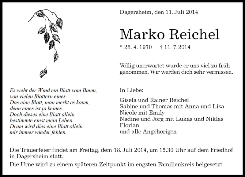  Traueranzeige für Marko Reichel vom 15.07.2014 aus Kreiszeitung Böblinger Bote