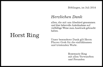 Traueranzeige von Horst Ring von Kreiszeitung Böblinger Bote