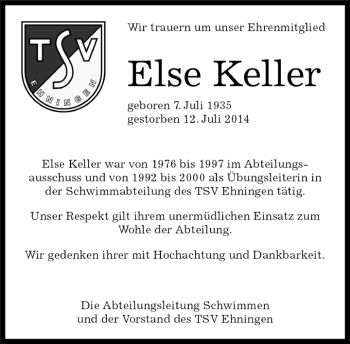 Traueranzeige von Else Keller von Kreiszeitung Böblinger Bote