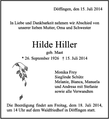 Traueranzeige von Hilde Hiller von Kreiszeitung Böblinger Bote
