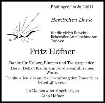 Traueranzeige von Fritz Höfner von Kreiszeitung Böblinger Bote