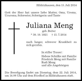 Traueranzeige von Juliana Meng von Kreiszeitung Böblinger Bote