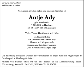 Traueranzeige von Antje Ady von Kreiszeitung Böblinger Bote