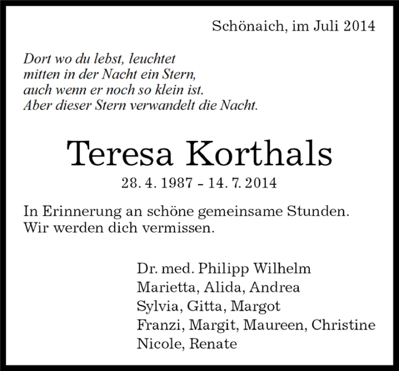 Traueranzeige für Teresa Korthals vom 18.07.2014 aus Kreiszeitung Böblinger Bote