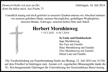 Traueranzeige von Herbert Mornhinweg von Kreiszeitung Böblinger Bote
