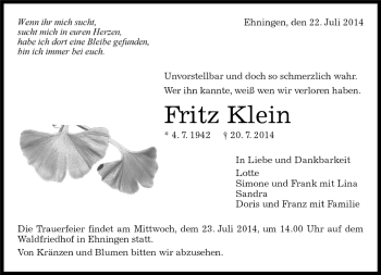 Traueranzeige von Fritz Klein von Kreiszeitung Böblinger Bote