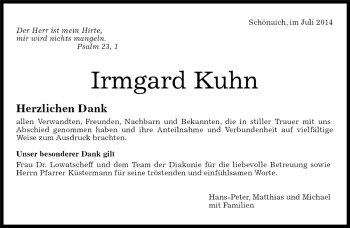 Traueranzeige von Irmgard Kuhn von Kreiszeitung Böblinger Bote