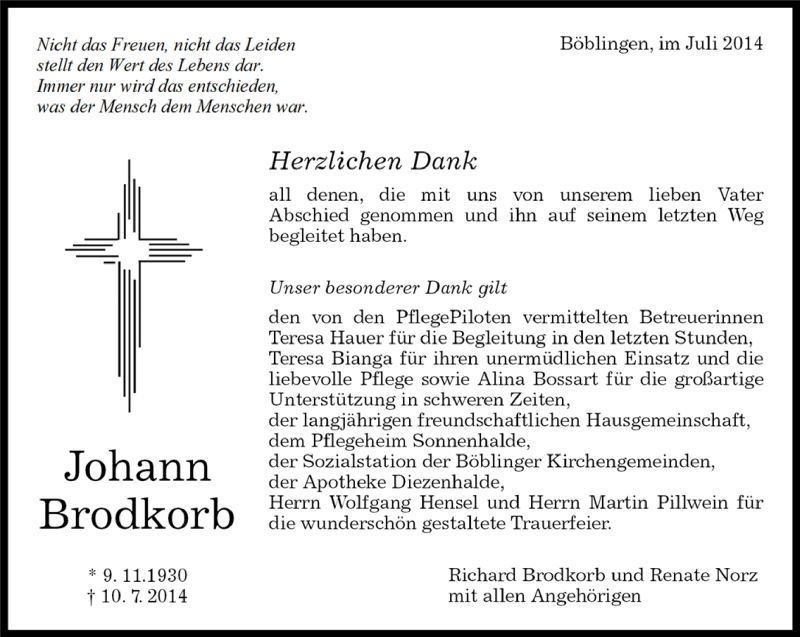  Traueranzeige für Johann Brodkorb vom 24.07.2014 aus Kreiszeitung Böblinger Bote