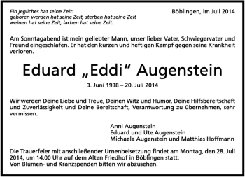 Traueranzeige von Eduard Augenstein von Kreiszeitung Böblinger Bote