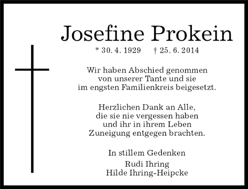  Traueranzeige für Josefine Prokein vom 22.07.2014 aus Kreiszeitung Böblinger Bote