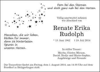 Traueranzeige von Renate Erika Rudolph von Kreiszeitung Böblinger Bote