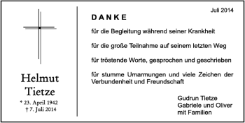 Traueranzeige von Helmut Tietze von Kreiszeitung Böblinger Bote