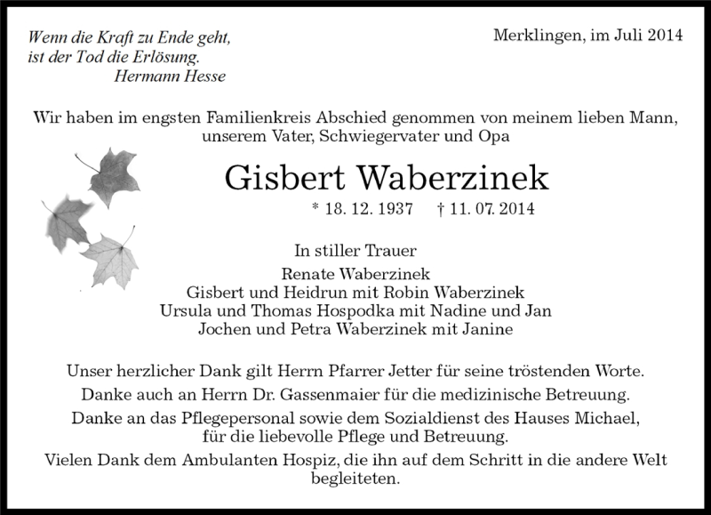  Traueranzeige für Gisbert Waberzinek vom 25.07.2014 aus Kreiszeitung Böblinger Bote