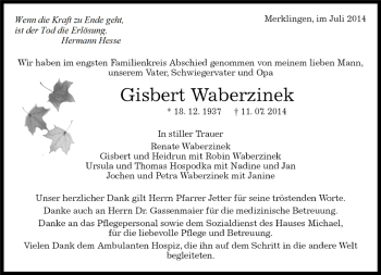 Traueranzeige von Gisbert Waberzinek von Kreiszeitung Böblinger Bote