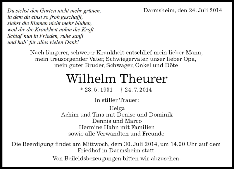  Traueranzeige für Wilhelm Theurer vom 25.07.2014 aus Kreiszeitung Böblinger Bote