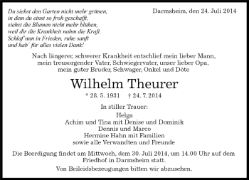 Traueranzeige von Wilhelm Theurer von Kreiszeitung Böblinger Bote
