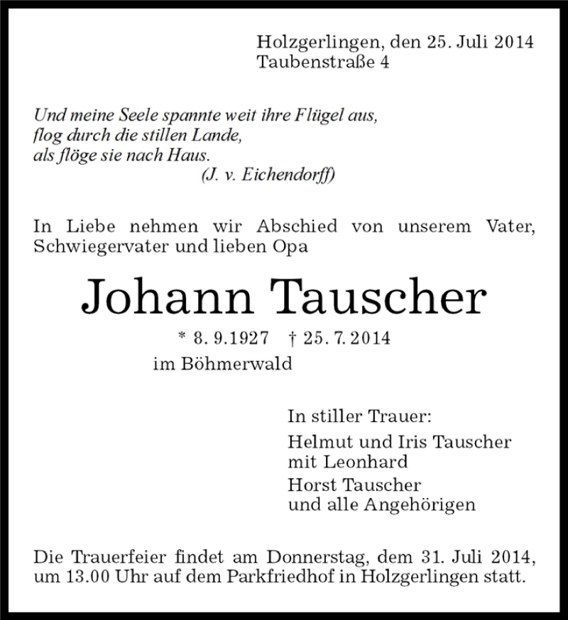  Traueranzeige für Johann Tauscher vom 25.07.2014 aus Kreiszeitung Böblinger Bote