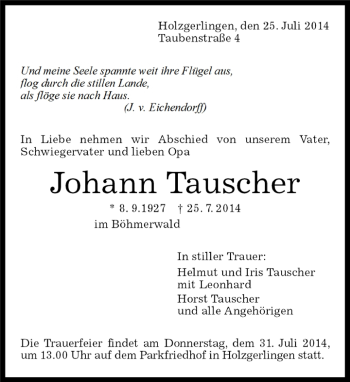Traueranzeige von Johann Tauscher von Kreiszeitung Böblinger Bote