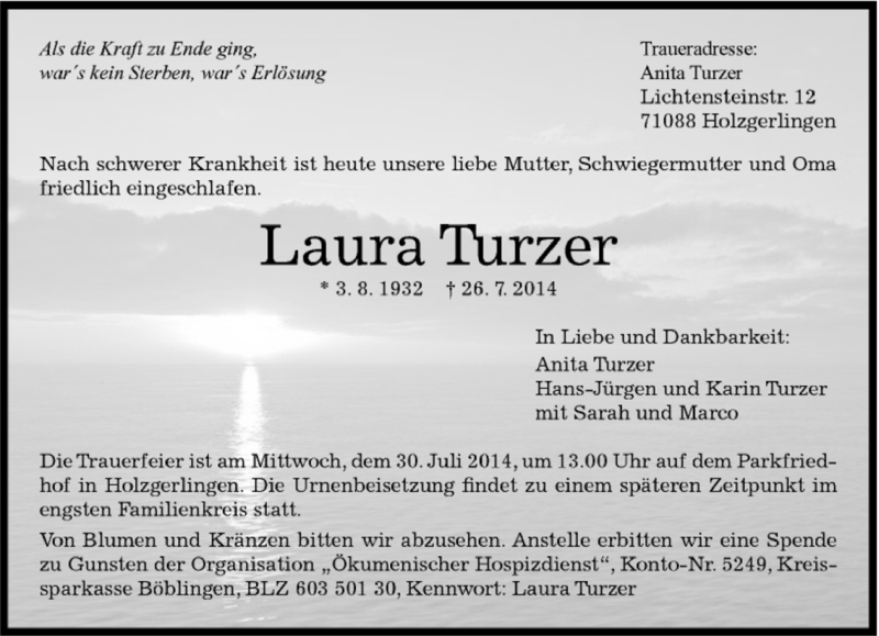  Traueranzeige für Laura Turzer vom 28.07.2014 aus Kreiszeitung Böblinger Bote