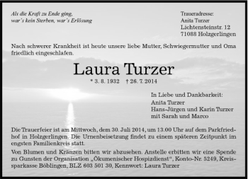 Traueranzeige von Laura Turzer von Kreiszeitung Böblinger Bote