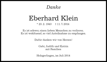 Traueranzeige von Eberhard Klein von Kreiszeitung Böblinger Bote