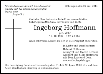 Traueranzeige von Ingeborg Hoffmann von Kreiszeitung Böblinger Bote