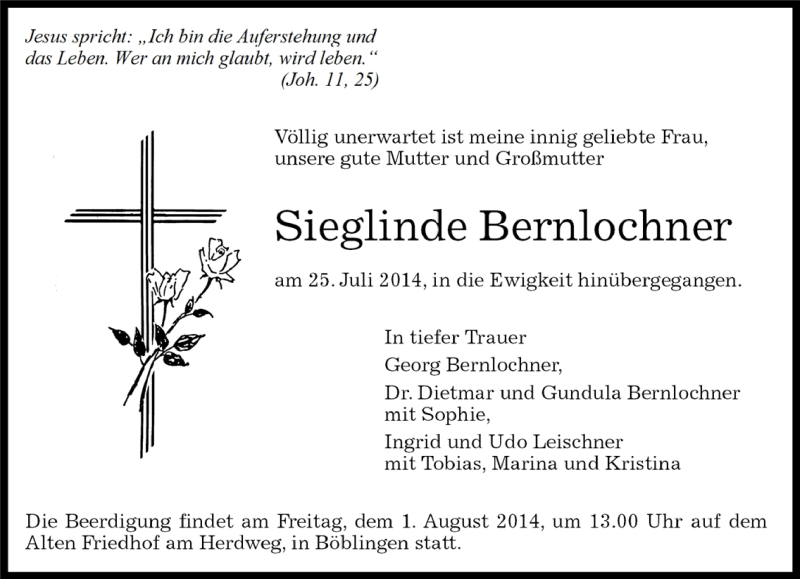  Traueranzeige für Sieglinde Bernlocher vom 28.07.2014 aus Kreiszeitung Böblinger Bote