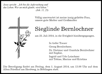 Traueranzeige von Sieglinde Bernlocher von Kreiszeitung Böblinger Bote