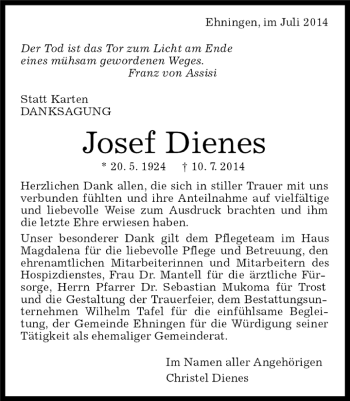 Traueranzeige von Josef Dienes von Kreiszeitung Böblinger Bote