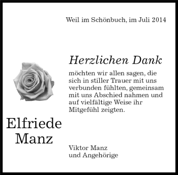 Traueranzeige von Elfriede Manz von Kreiszeitung Böblinger Bote