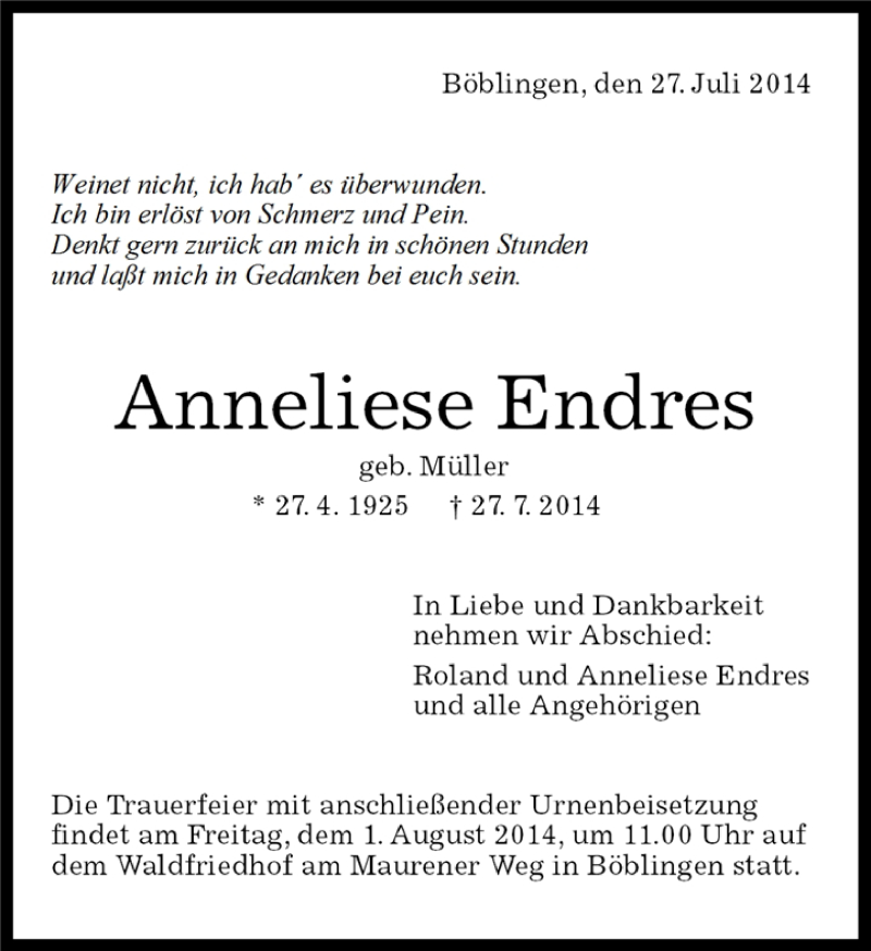  Traueranzeige für Anneliese Endres vom 29.07.2014 aus Kreiszeitung Böblinger Bote