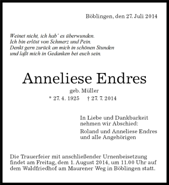 Traueranzeige von Anneliese Endres von Kreiszeitung Böblinger Bote