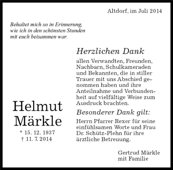 Traueranzeige von Helmut Märkle von Kreiszeitung Böblinger Bote