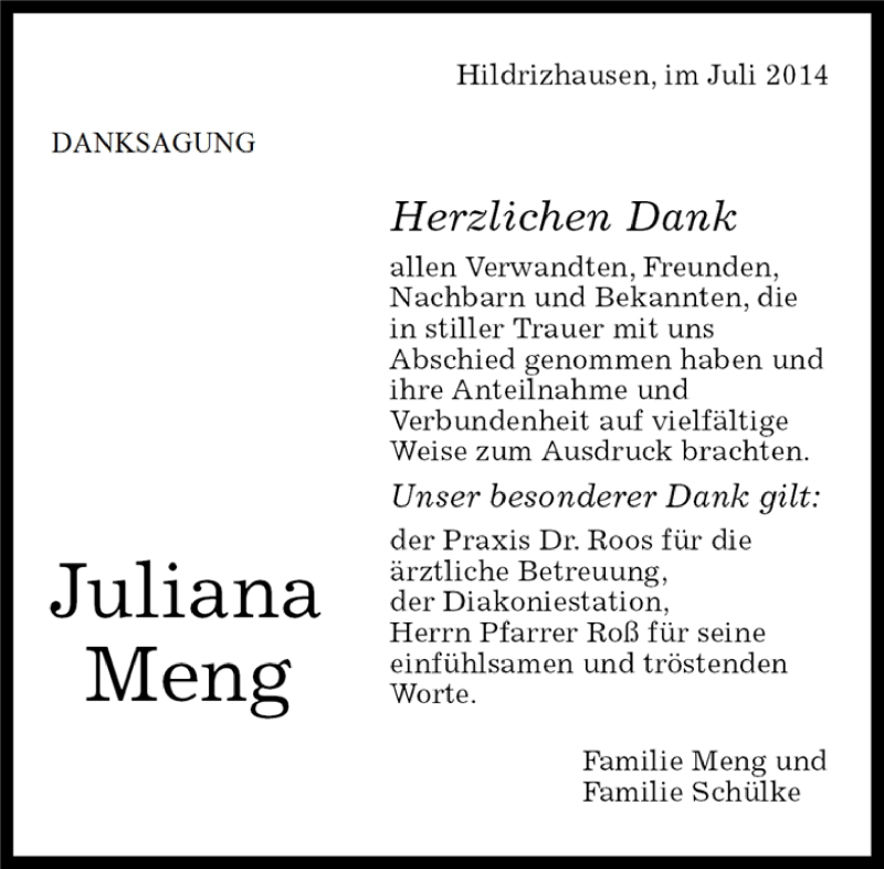  Traueranzeige für Juliana Meng vom 30.07.2014 aus Kreiszeitung Böblinger Bote