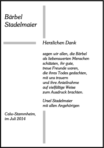 Traueranzeige von Bärbel Stadelmaier von Kreiszeitung Böblinger Bote
