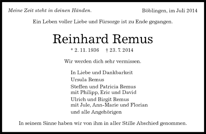  Traueranzeige für Reinhard Remus vom 30.07.2014 aus Kreiszeitung Böblinger Bote
