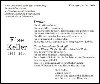 Traueranzeige von Else Keller von Kreiszeitung Böblinger Bote