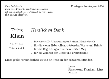 Traueranzeige von Fritz Klein von Kreiszeitung Böblinger Bote