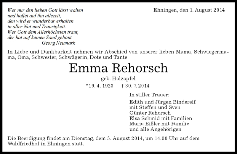  Traueranzeige für Emma Rehorsch vom 31.07.2014 aus Kreiszeitung Böblinger Bote