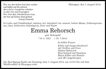 Traueranzeige von Emma Rehorsch von Kreiszeitung Böblinger Bote