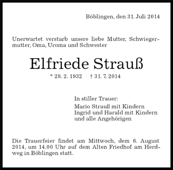 Traueranzeige von Elfriede Strauß von Kreiszeitung Böblinger Bote